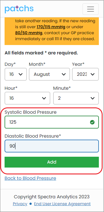 How should I take blood pressure readings for Patchs My Health