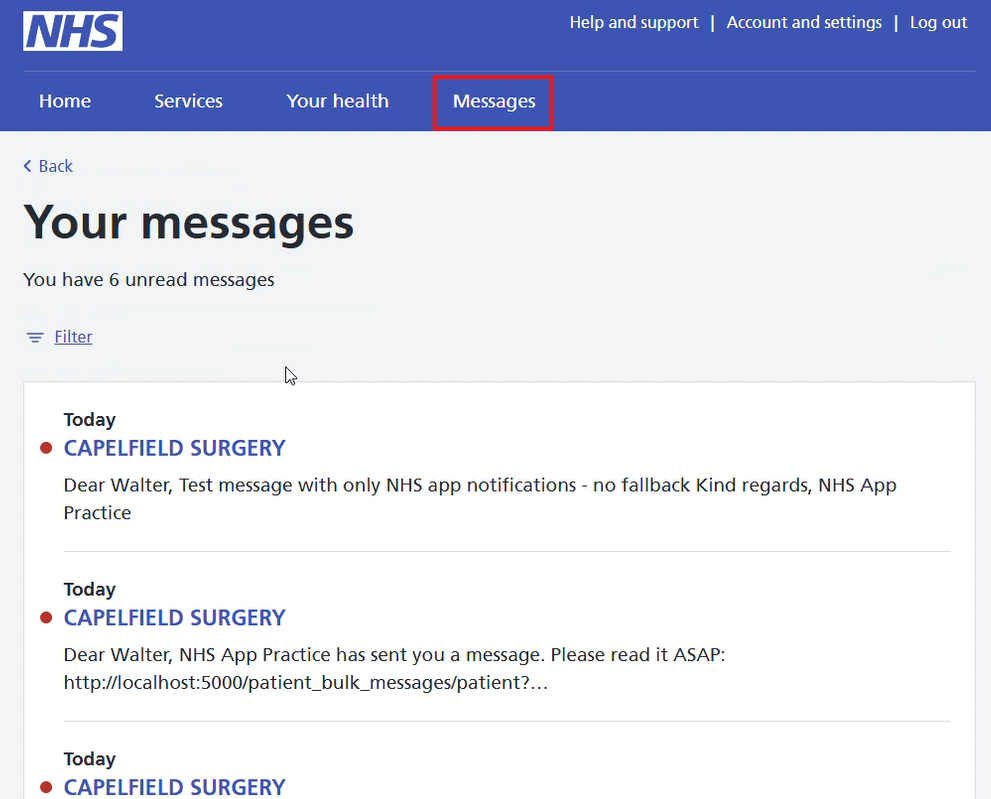 Messages within the NHS app web version (mobile devices will look similar)